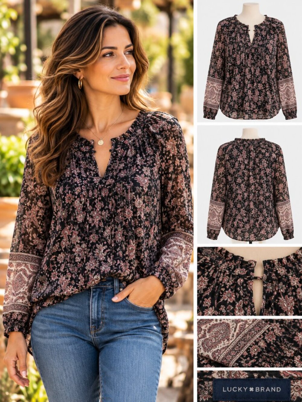 Lucky Brand Black Floral Paisley Cotton Peasant Blouse Ruffle Keyhole L